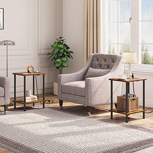 Side Table with Charging Station, Set of 2 End Tables with USB Port and Outlets, Nightstand with 2-Layer Storage Shelves for Small Spaces, Living Room, Bedroom, Rustic Brown BF09UBZP201