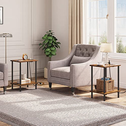 Side Table with Charging Station, Set of 2 End Tables with USB Port and Outlets, Nightstand with 2-Layer Storage Shelves for Small Spaces, Living Room, Bedroom, Rustic Brown BF09UBZP201