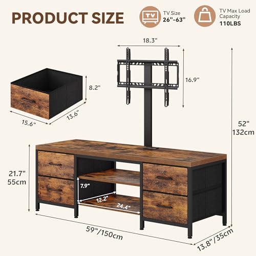 TV Stand with Mount for 75 Inch TV, Media Console Table, 59 Inch | Industrial Entertainment Center for Living Room, with LED Light and Power Outlets, Drawers, Open Shelves, Steel, Rustic Brown
