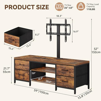 TV Stand with Mount for 75 Inch TV, Media Console Table, 59 Inch | Industrial Entertainment Center for Living Room, with LED Light and Power Outlets, Drawers, Open Shelves, Steel, Rustic Brown
