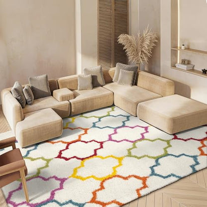 SAFAVIEH Kids Shag Collection Area Rug - 5'3" x 7'6", Ivory & Multi, Rainbow Trellis Design, Non-Shedding & Easy Care, 2-inch Thick Ideal for High Traffic Areas in Living Room, Bedroom (SGK569A)