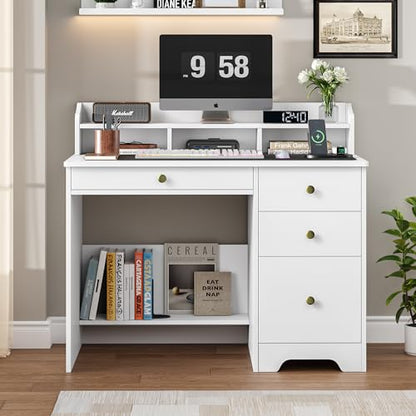 Computer Desk with Drawers and Hutch Shelf, Wood Executive Desk Writing Study Table with 43” Wide Tabletop, Small Desk with File Drawer for Home Office Bedroom, White