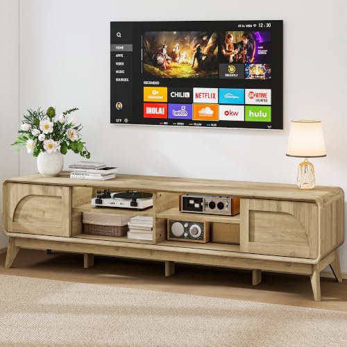 70" Mid Century TV Stand for Living Room w/Sliding Barn Door, Oak, view 2