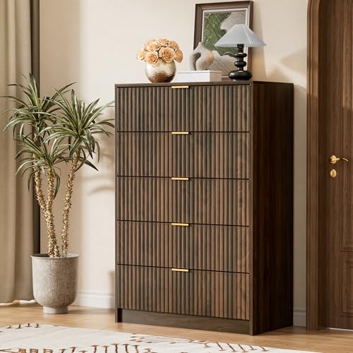 Walnut Dresser for Bedroom, Tall Dresser with 5 Drawers and Smooth Slides, view 6