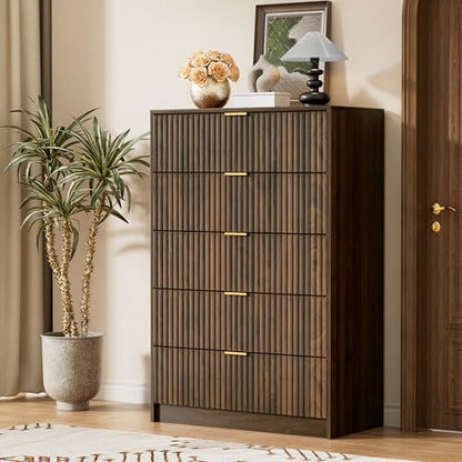 Walnut Dresser for Bedroom, Tall Dresser with 5 Drawers and Smooth Slides, view 6