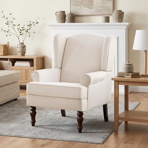Printed Wingback Accent Chair, Linen Upholstered High Back Armchair, Comfy Reading Chair for Living Room Bedroom Study, 300lbs Weight Capacity (1, Tan with Lines)