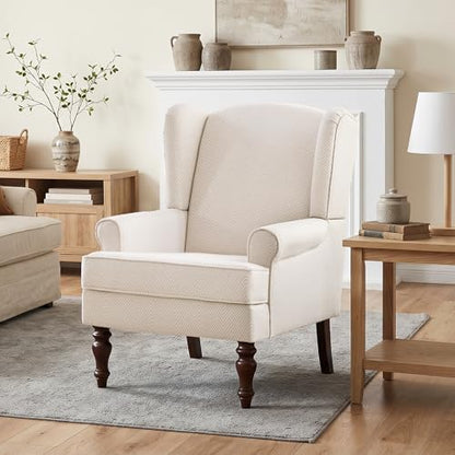 Printed Wingback Accent Chair, Linen Upholstered High Back Armchair, Comfy Reading Chair for Living Room Bedroom Study, 300lbs Weight Capacity (1, Tan with Lines)