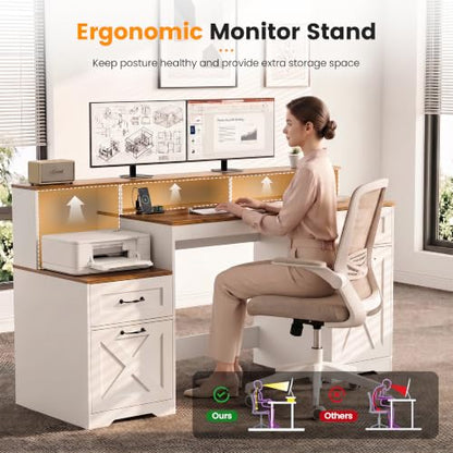 63 Inch Farmhouse Computer Desk with Drawers & Power Outlets, view 6
