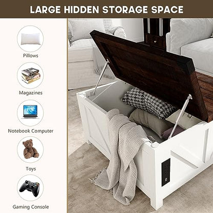 Farmhouse Lift Top Coffee Table with Storage, Wood Square Center Table with Charging Station&USB Port, Living Room Table w/Large Hidden Space, for Living Room, Bedroom, Home Office, White