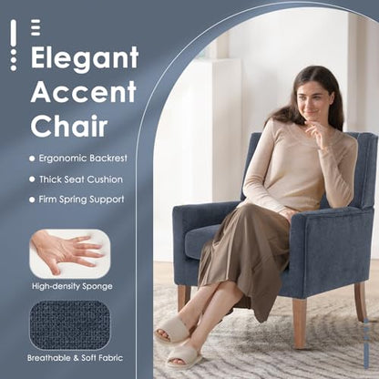 Modern Wingback Living Room Chair, Upholstered Fabric Accent Armchair, Single Sofa Chair with Lounge Seat and Wood Legs for Bedroom/Office/Reading Spaces, Blue