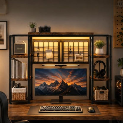 5-Tier LED Desk Hutch, Desk Shelf for Dorm Home Office, Rustic Brown, view 2