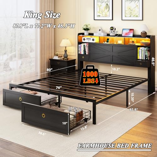 King Bed Frame with Storage Headboard, view 3