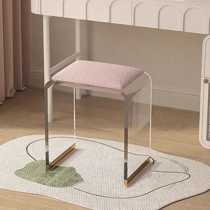 Clear Acrylic Vanity Stool with Sherpa Cushion,Modern Acrylic Side Table,Multifunctional Ottoman Foot Rest Or Makeup Room, Living Room, Bedroom Furniture