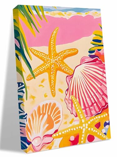 NuYeBiofx Summer Starfish Scallop Shell Palm Leaves Canvas Wall Art Prints,48"x32" Framed Picture Artwork Beach Scene Art Printed Canvas Oil Painting for Living Room Bedroom Office,Ready to Hang