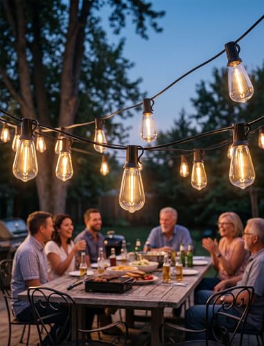 LED Outdoor String Lights 50FT Patio Lights with 27 ST38 Edison Shatterproof Bulbs, Outside Hanging Lights Waterproof for Porch, Deck, Garden, Backyard, Balcony, 2700K Warm White, Dimmable