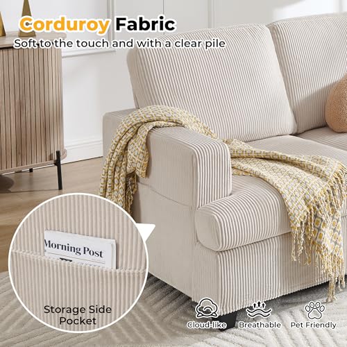 85 Inch Sofa with Side Pocket, Corduroy Fabric 3 Seater Couch for Living Room, Comfy Modern Small Couch for Bedroom, Small Spaces, Dorms, Office, Beige