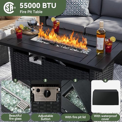 8 Piece Patio Furniture Set with 44" Fire Pit Table Wicker Rattan Sectional Sofa Outdoor Seating with Thickened Cushion, Grey