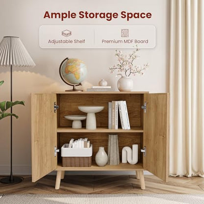 Fluted Storage Cabinet, Sideboard Buffet with Doors and Shelf, Wooden Console Table & Credenza, Multifunctional Entryway Cabinet for Living Room, Dining Room (Natural)