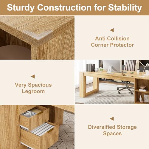 86" L Shaped Executive Desk with Drawers, Extra Large Modern Office Desk with File Cabinet, Big Computer Desk with Power Outlet for Home Office, Walnut
