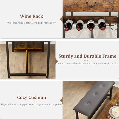 Dining Table Set for 4, Dining Room Table with Storage Drawers & Wine Rack, Kitchen Dining Table Set with Upholstered Benches for Dining Room-Retro Brown