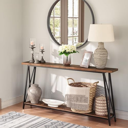 Console Table for Entryway, 63" Industrial Entryway Table, 2-Tier Extra Long Sofa Table Behind Couch, X-Shaped Support, for Entryway, Hallway, Living Room, Rustic Brown CTHR4801Z