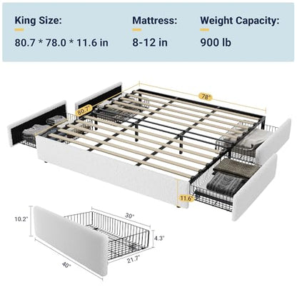 King Size Bed Frame with 4 Oversized Storage Drawers, Soft Teddy Fabric, view 3