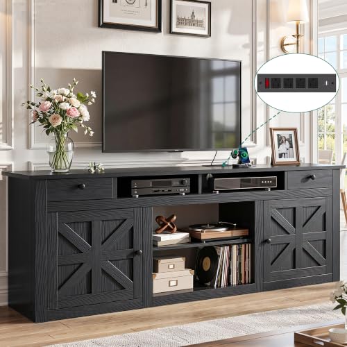 Farmhouse TV Stand with Power Outlet for 80 Inch TVs, Black, view 3