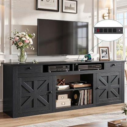 Farmhouse TV Stand with Power Outlet for 80 Inch TVs, Black, view 3