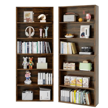 6-Tier Open Bookcase and Bookshelf, Floor Standing Wood Display Storage Shelves 71 Inch Tall Bookcase Home Decor Furniture for Home Office, Living Room, Bed Room, Rustic Brown, 2 Pieces