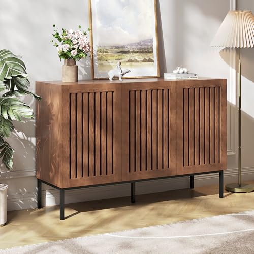 Modern Storage Cabinet with Slatted Doors,Sideboard Buffet Cabinet with Adjustable Shelf and Metal Legs for Kitchen,Dining Room,Living Room,47 Inch, Brown