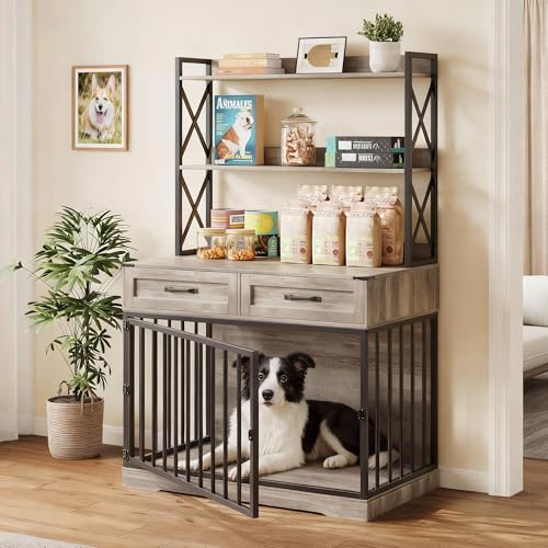 42”×65.4”Dog Crate Furniture, Pet Cage with Storage Drawers & Shelves, view 2