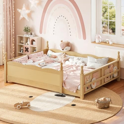JIVOIT Queen Size Floor Bed with Accessible Door, Wood Montessori Floor Bed with Beside Book Shelf, Childlike Design, Full-Length Guardrails, No Box Spring Needed (Natural/ Queen,15)