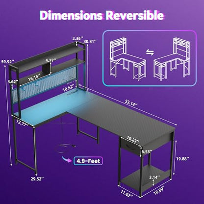 L Shaped Gaming Desk 53" with Hutch, LED Light and Drawer, view 4