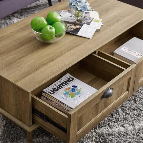 Eden Home Coffee Table, 45.3 in Length, Metal and Engineered Wood, Golden Oak Finish, 2 Drawers, Scandinavian Style, Easy-Clean Living Room Center Table with Storage