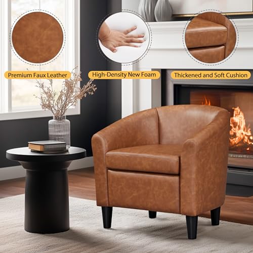 Leather Accent Chair, PU Leather Modern Barrel Chair Club Armchair with Soft Padded for Living Room Bedroom, Brown, Set of 2