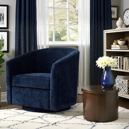 Chenille Swivel Accent Chair, Living Room Chairs, No Assembly Upholstered Armchair, 360°Rotating Barrel Chair for Bedroom, Apartment & Reading Nook (1, Dark Blue)