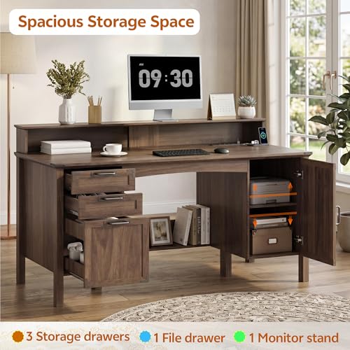 63" Farmhouse Desk w/Power Outlet & Monitor Stand, Walnut, view 6