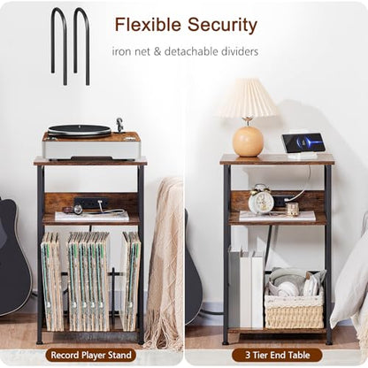 Record Player Stand with Charging Station, Vinyl Record Storage, view 7