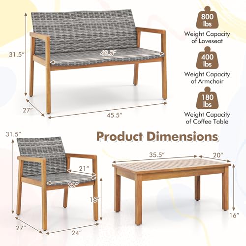 4 Pieces Outdoor Furniture Set, Acacia Wood Frame Sofa Set w/Rattan Seat & Back, Patio Conversation Set w/Coffee Table for Balcony, Poolside, Backyard (Mix Gray)