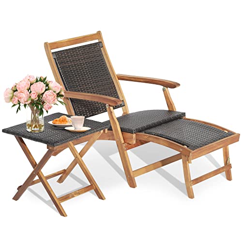 Patio Lounge Chair and Side Table Set, Acacia Wood Wicker Folding Table and Armrest Chair with Retractable Ottoman, Outdoor Chaise Lounger for Garden, Backyard, Poolside, Balcony