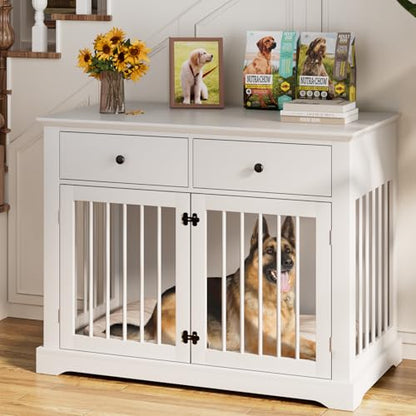 44inch Large Dog Crate Furniture with Storage Drawers for Indoor, White, view 2