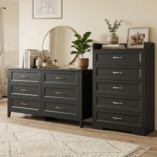 2-Piece Bedroom Furniture Set, 2-PC Dresser Set for Bedroom, Includes a 5 Drawer Dresser and a 6 Chest of Drawers, with Smooth Rail, Handles, Anti-Tipping, Large Storage Space, Black