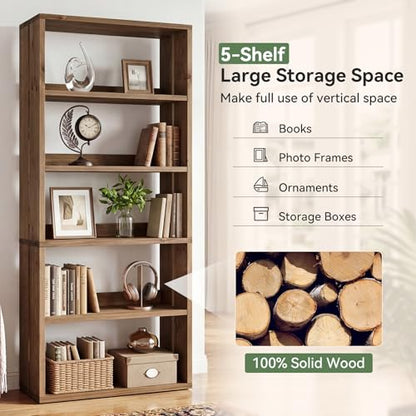 Solid Wood Bookshelf, 5-Tier Farmhouse Bookcase with Storage, view 6