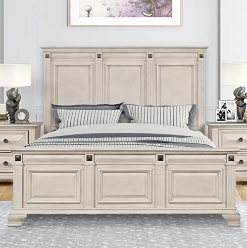 Renova Distressed Parchment Wood Bedroom Set, King Panel Bed, Dresser, Mirror, Nightstand, Chest