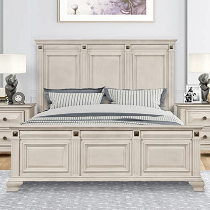 Renova Distressed Parchment Wood Bedroom Set, King Panel Bed, Dresser, Mirror, Nightstand, Chest