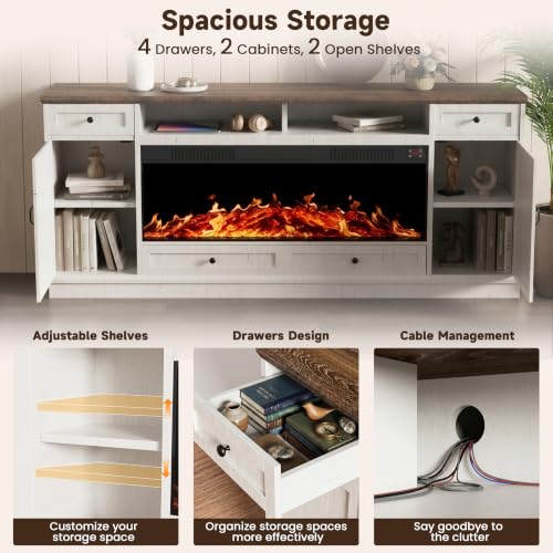 80" Farmhouse TV Stand with 47" Fireplace for up to 98" TV, White, view 7