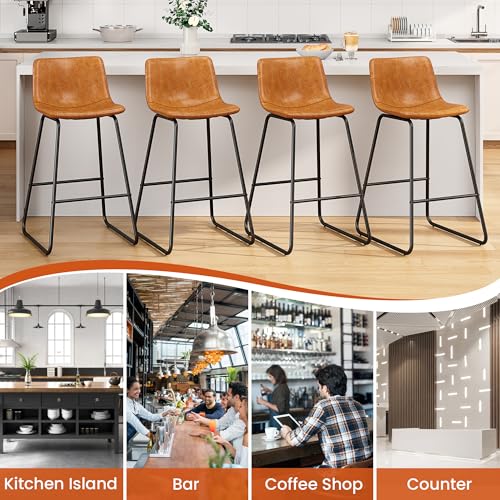Bar Stools Set of 4, 26" PU Leather Counter Height Barstool, Brown, view 6