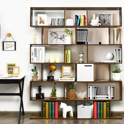 6-Tier Geometric Bookcase, Modern S-Shaped Storage Display Bookshelf for Living Room, Anti-Toppling Device, Home Office Wooden 6 Shelf Open Bookcase (1, Coffee)