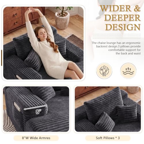 65" Oversized Boneless Chaise Lounge Chair Indoor with 3 Pillows, Grey, view 6