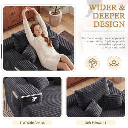 65" Oversized Boneless Chaise Lounge Chair Indoor with 3 Pillows, Grey, view 6